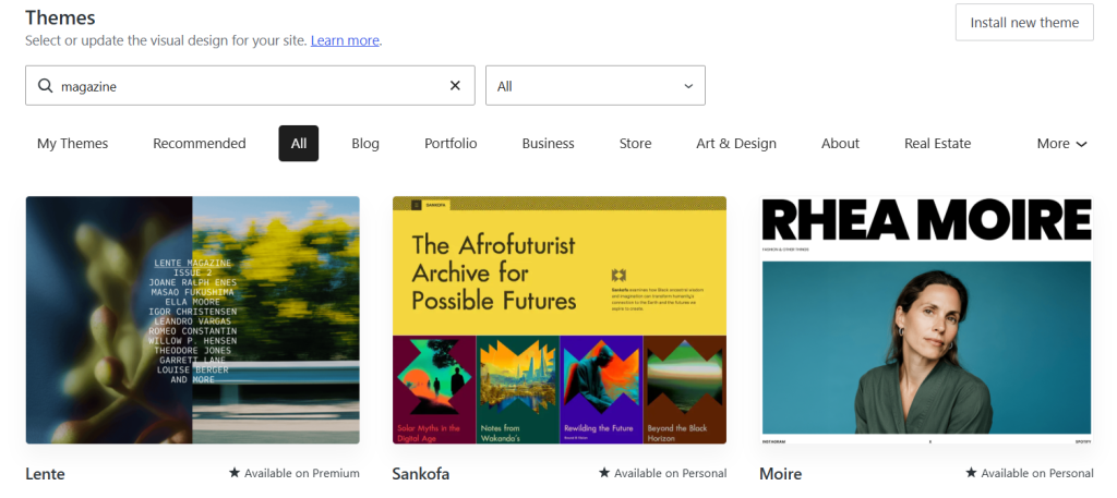 Themes section on WordPress.com